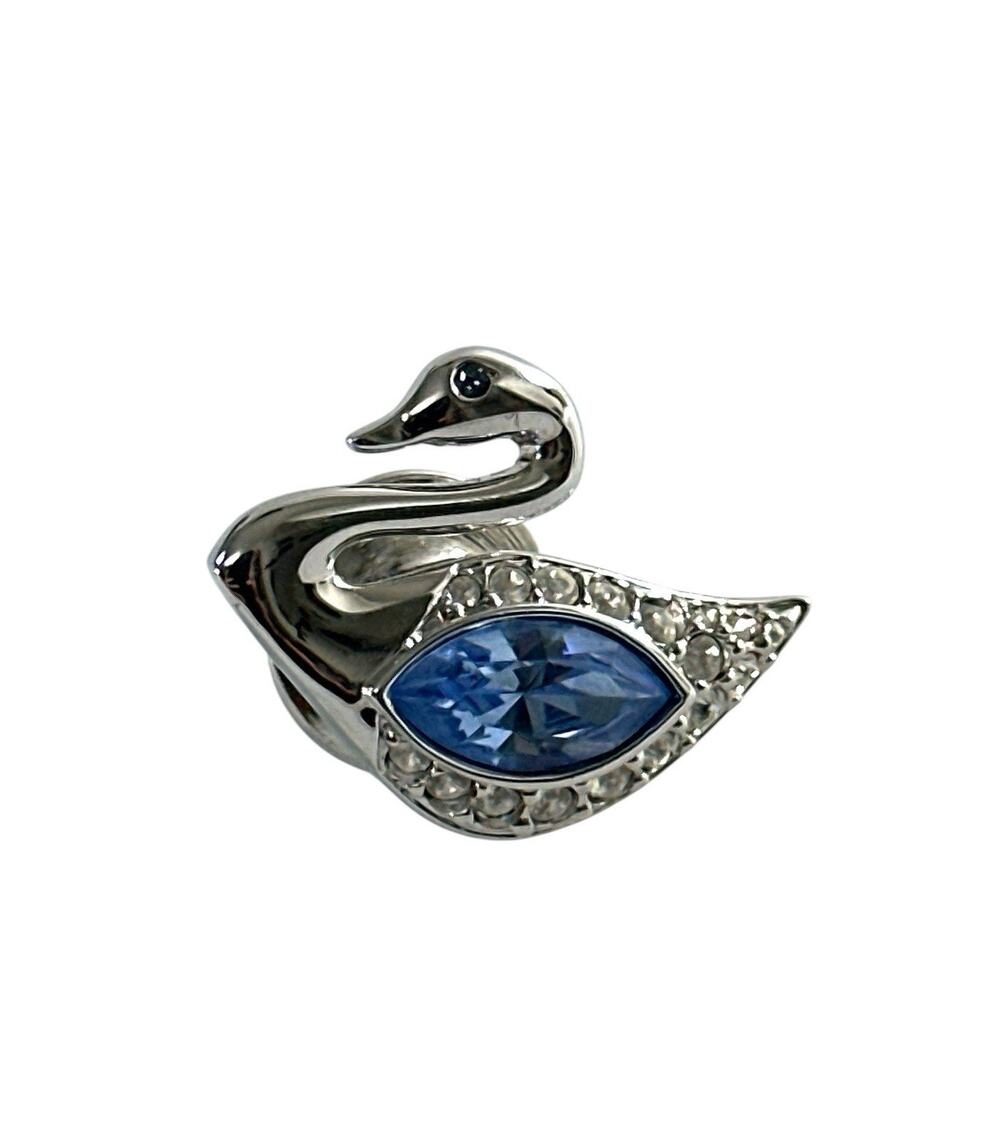 Swarovski Swan Lapel Pin Blue Marquise Clear Pavé Crystal Silver Tone Signed